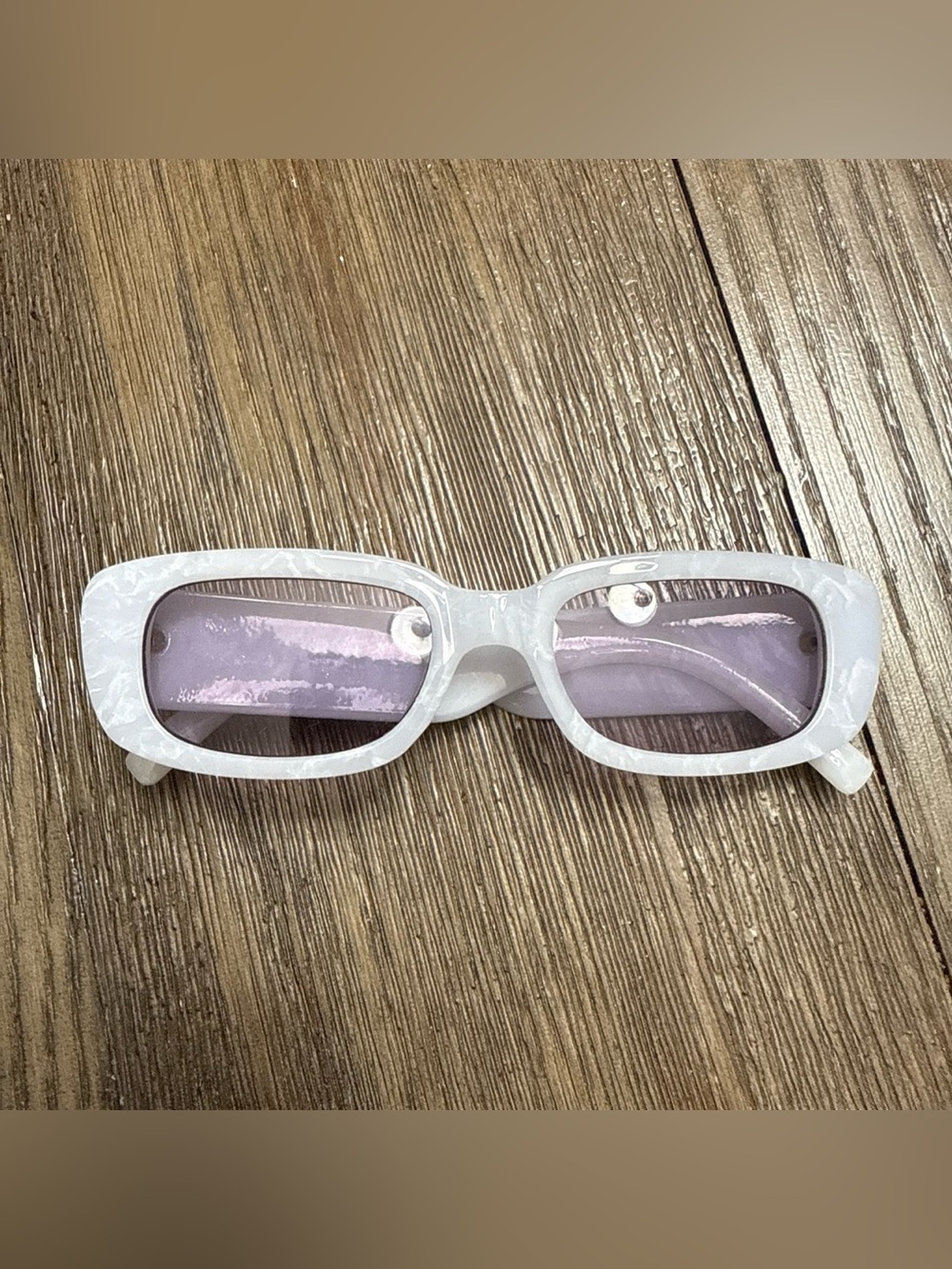 White BRIDE Marbled Rectangle Sunglasses with Lilac Lenses